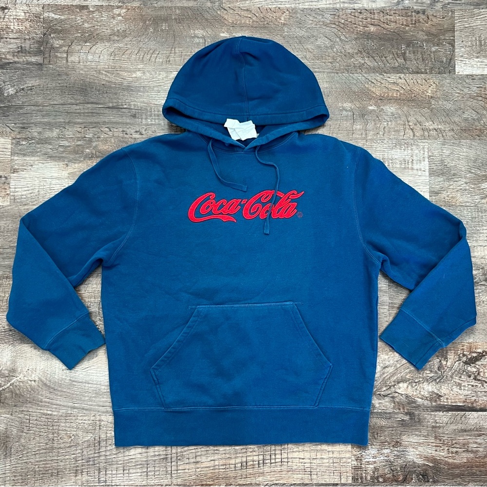 Coca Cola Blue Men’s Hoodie Embroidered Logo Size Large Recycled Material